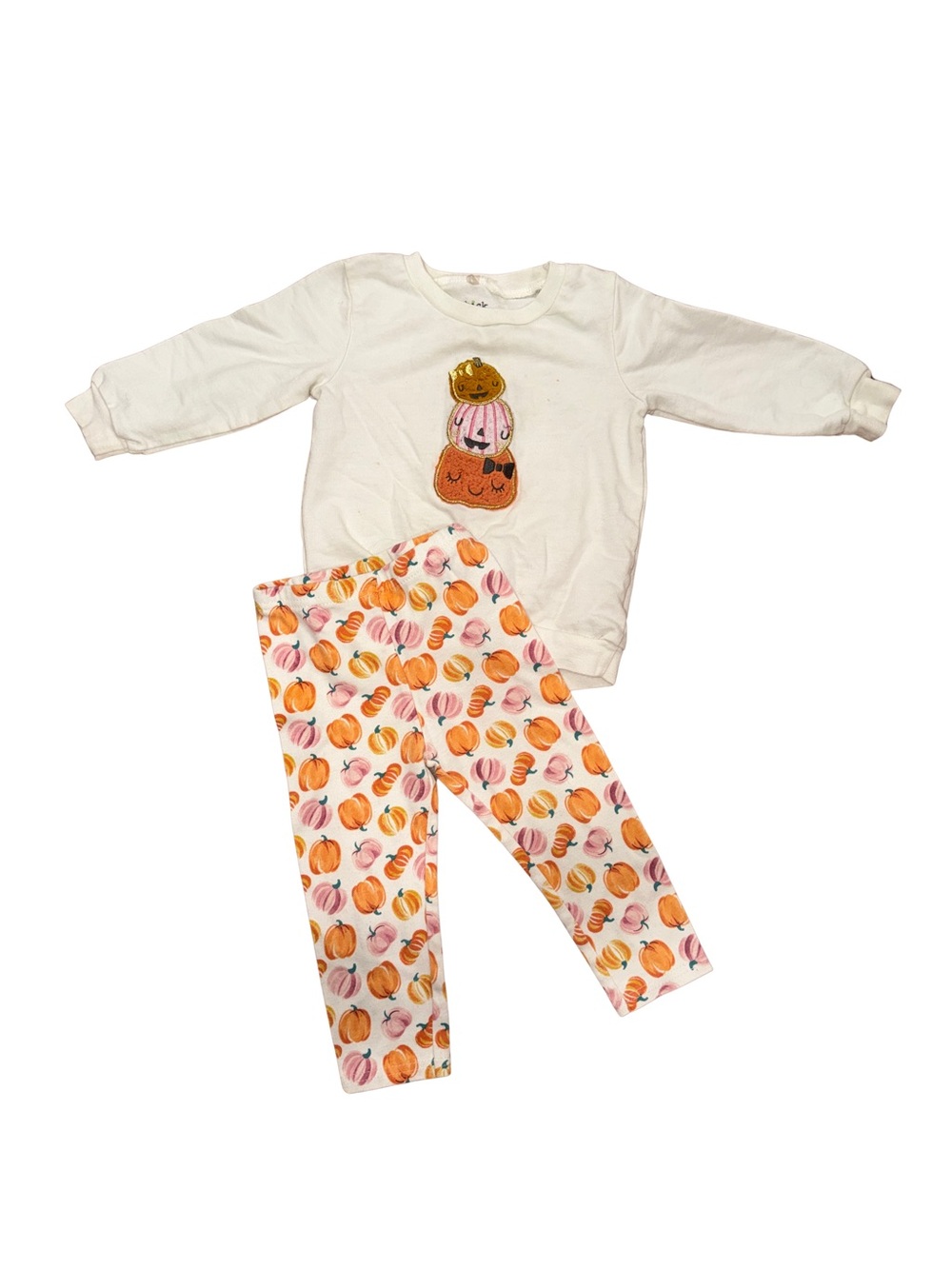 chick pea White Top with Orange & Pink Pumpkin Print Pajama Set